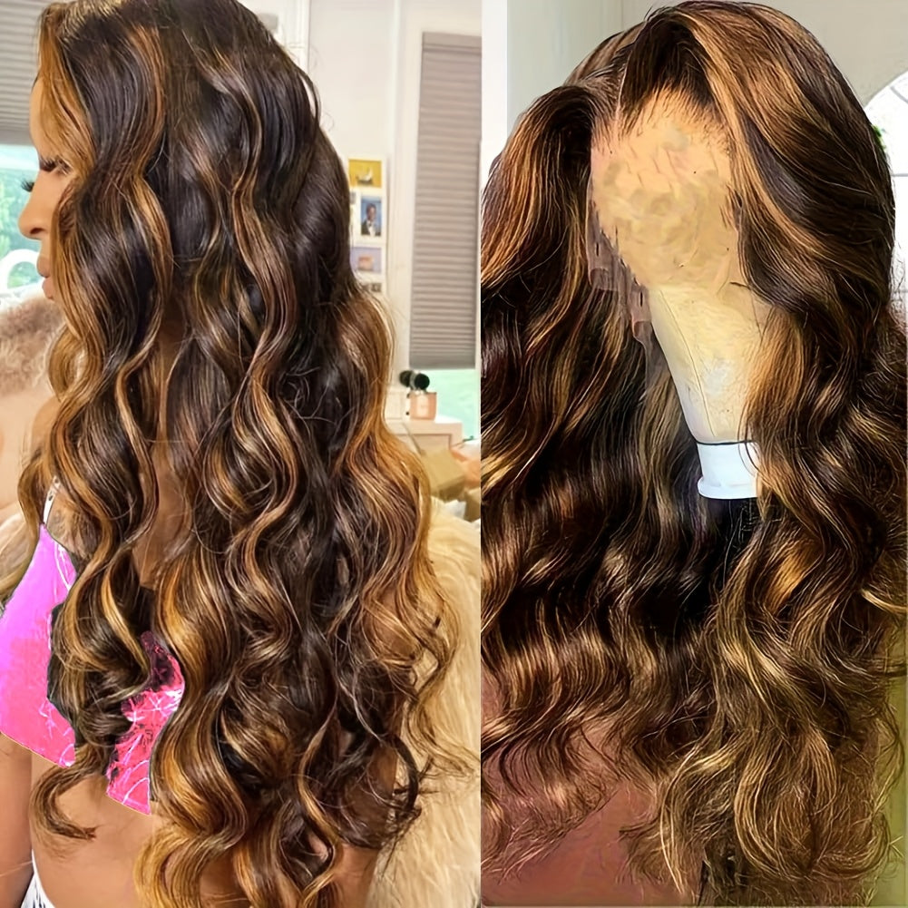 225% Density Wigs Human Hair Glueless Honey Blonde Ombre Highlight 13X4 HD Lace Front Wigs Pre Plucked Body Wave Lace Frontal Wigs Real Human Hair Remy Curly Wave Wear On And Go 4/27 Colored Human Air Wig Mother'S Day Gift Fo